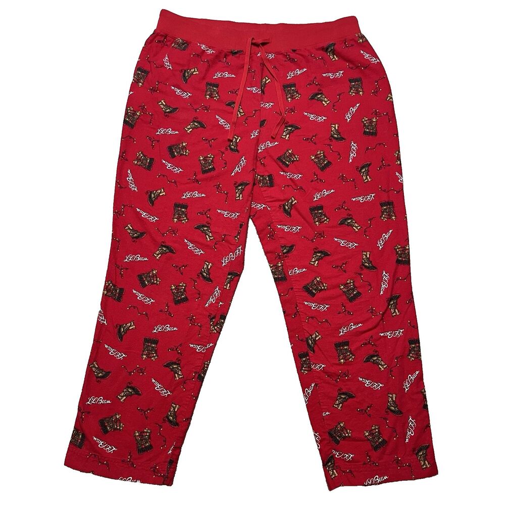 LL Bean Boots Flannel Pajamas Pants Womens 1X Plus Red Cotton Christmas Lights